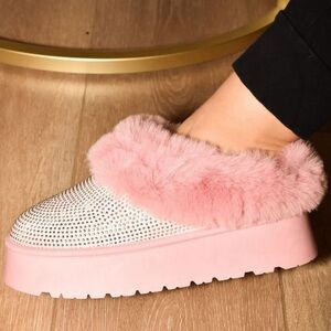 WILD DIVA Embellished Pink Faux Fur Platform Booties